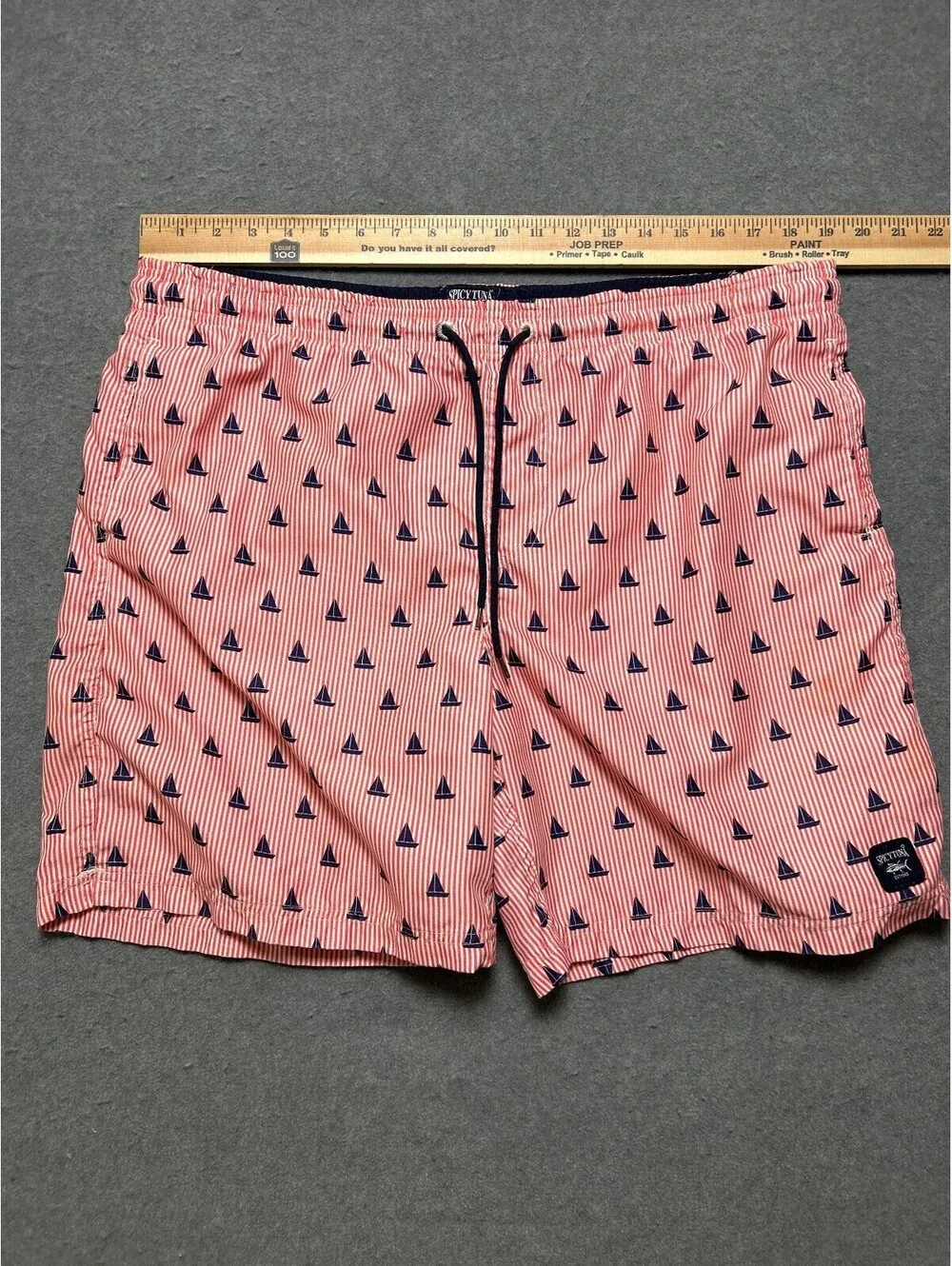 Spicy Tuna Mens Sailboat Print Swim Trunks Red White Striped XL Lined Beach